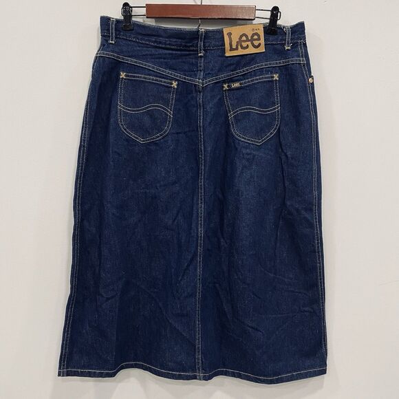 VTG LEE Jean Skirt 90s Women Size 18 Denim Midi Modest USA Pockets Retro Prairie - Picture 1 of 16